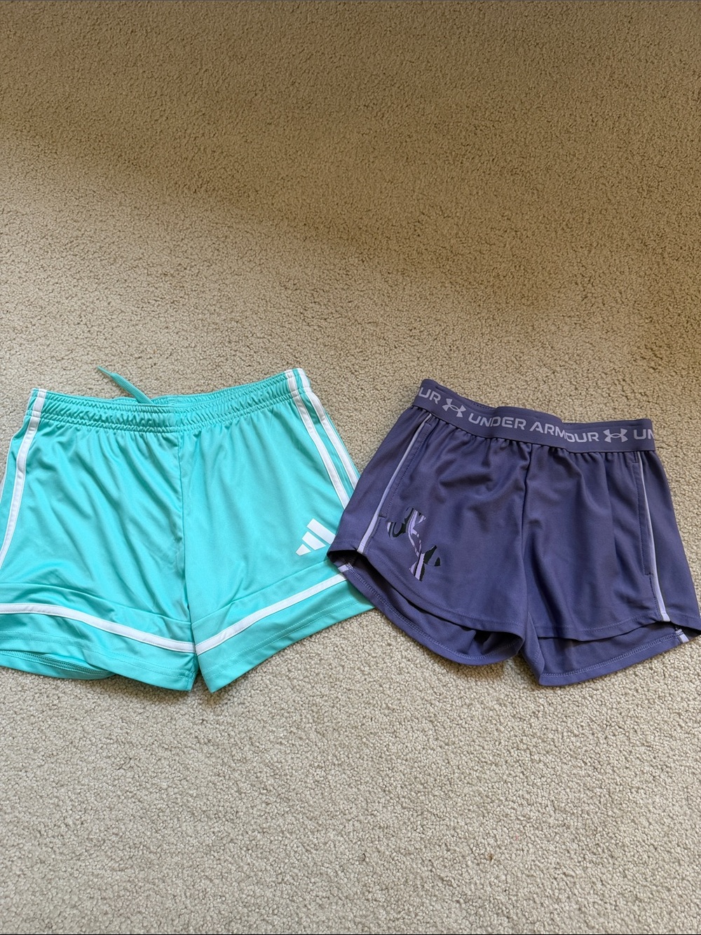 Lot of 2 never worn girls Athletic Shorts-adidas & under amour size 11-12 & YM